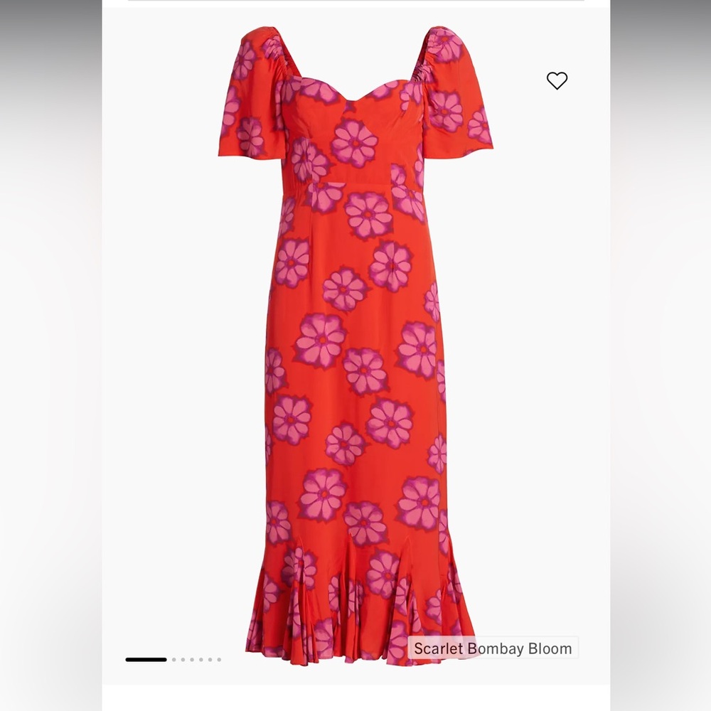 RHODE Red and Pink Ruffled Midi Dress with Puff Sleeves - Picture 7 of 10